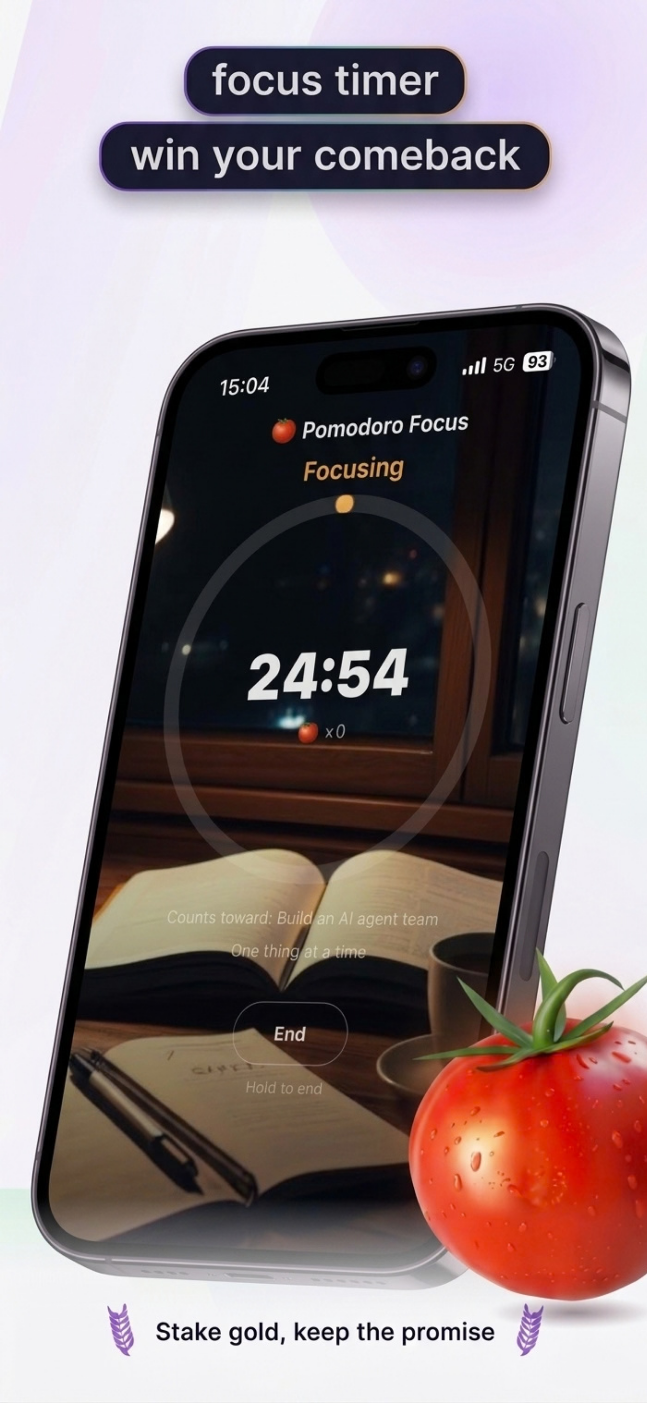 Pomodoro focus timer: 24:54 focusing